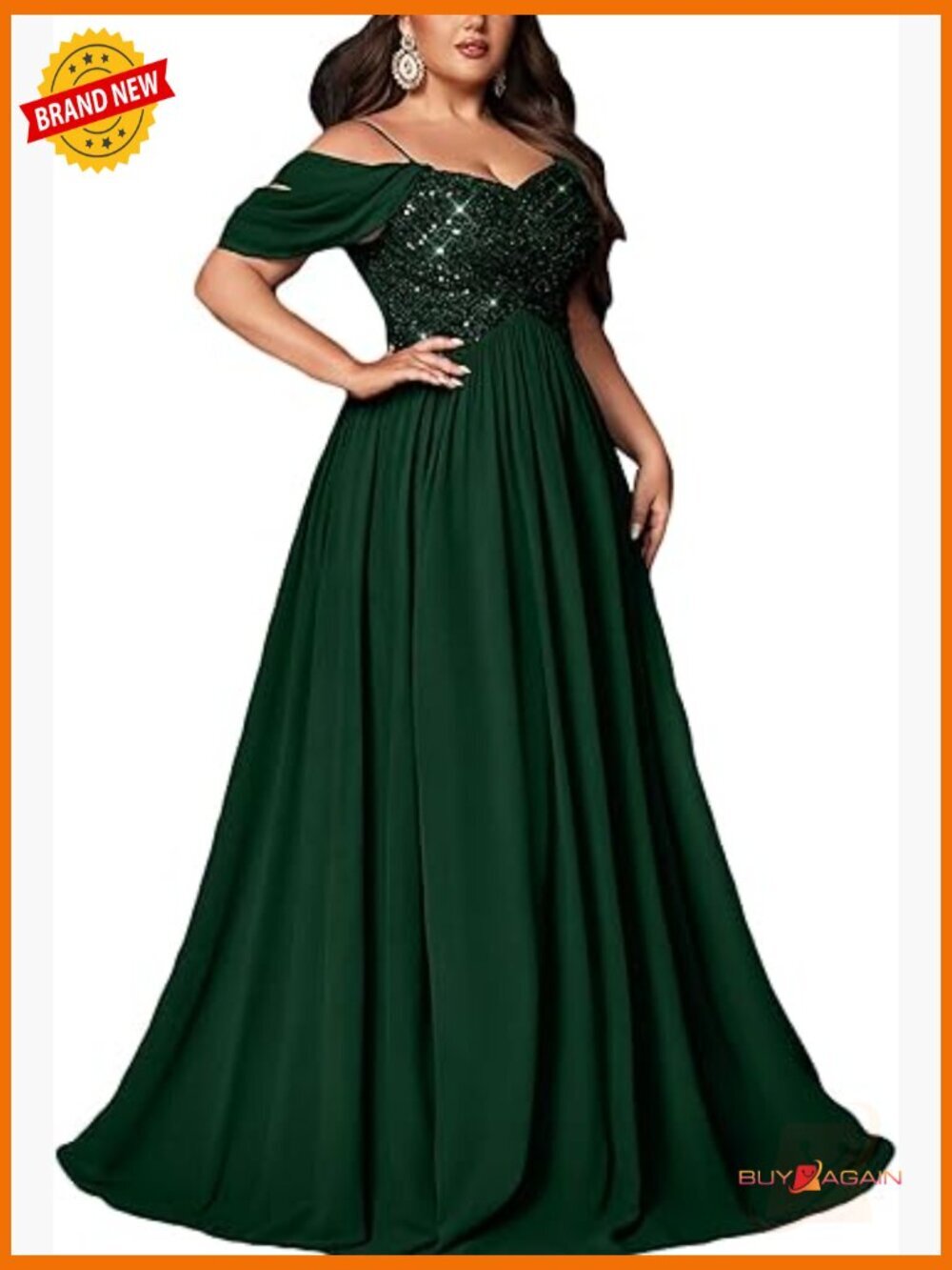 Plus Size Sequin Maxi Dress A-Line V-Neck Spaghetti Strap Formal Gown